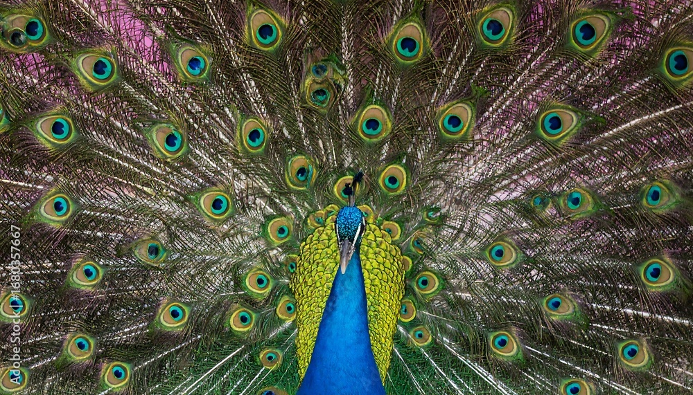 Obraz premium Majestic Peacock Displaying Iridescent Feathers in Full Bloom Against a Pink Backdrop