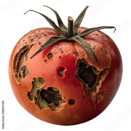Damaged ripe tomato shows decay from pests, representing food waste and spoilage, or the impact of pests on agriculture harvest