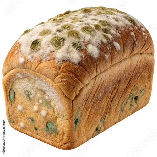 Moldy bread loaf with a fuzzy, green, and white texture, showing decay and food spoilage, perfect for educational or cautionary content.