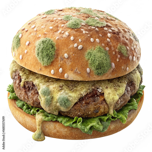 Unappetizing moldy burger with lettuce, a symbol of food spoilage and waste, representing unhealthy eating and decay in cuisine