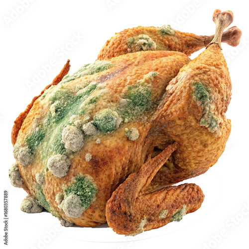 Moldy cooked turkey decaying and spoiled, concept for food waste, germs, bacteria contamination and decomposition with fungus growing