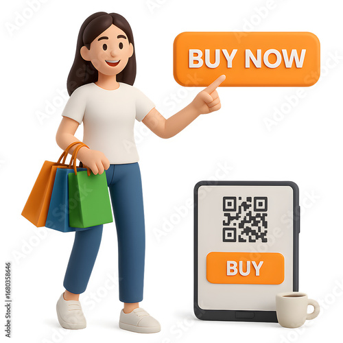 3D illustration of a woman holding shopping bags and pointing to a QR code with a 