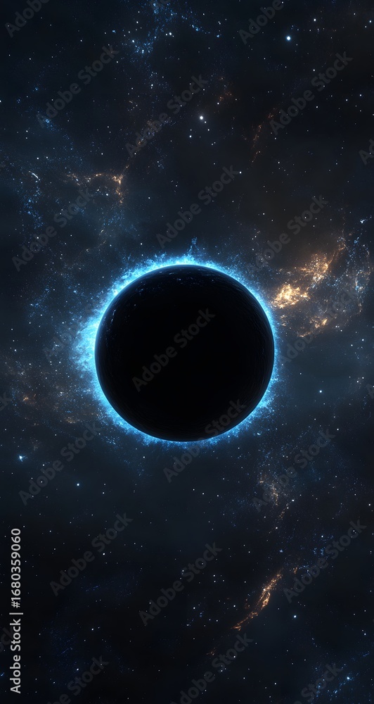 Naklejka premium Centered black hole with luminous edge, floating in empty cosmic void.