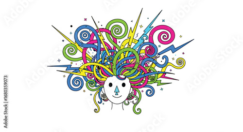 Whimsical Expression: A Colorful Whirlwind of Spirals and Energy Radiating from a Playful Character Portrait