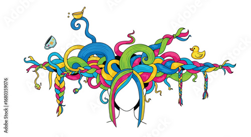 Whimsical Braided Hairstyle with Playful Elements and Vibrant Colors, Artistic Design, Fantasy Hairdo, Isolated Illustration, Children's Book Style