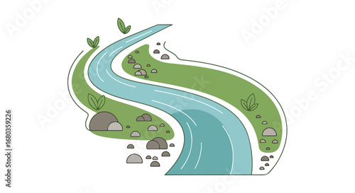 Stylized illustration of a meandering river landscape featuring lush green banks and scattered rocks conveying nature's beauty with a clean design