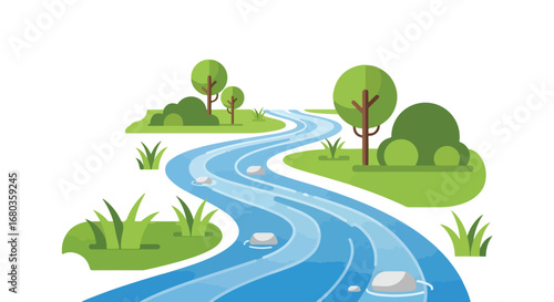 Stylized meandering stream illustration with minimalist trees and serene nature elements graphic design for ecological projects