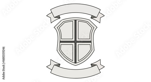 Heraldic shield with banner ribbons, emblem outline illustration for graphic design projects, symbol of honor and protection for creative arts