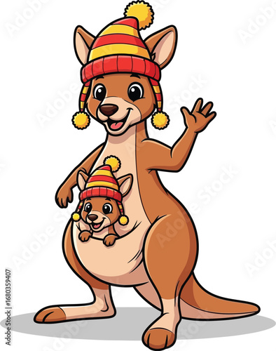 Cute Kangaroo Mom and Joey Wearing Striped Hats Cartoon Vector illustration