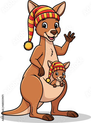 Cute Kangaroo Mom and Joey Wearing Striped Hats Cartoon Vector illustration