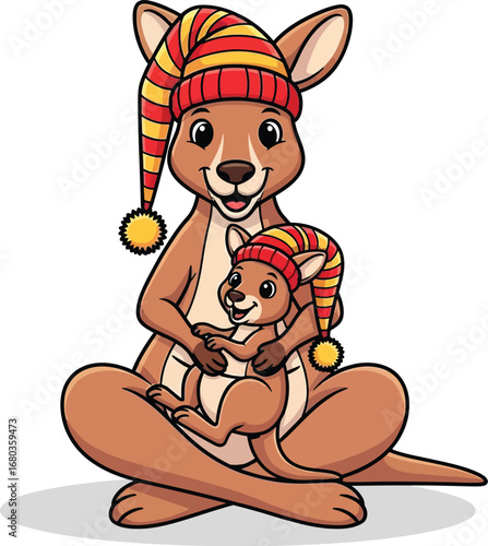 Cute Kangaroo Mom and Joey Wearing Striped Hats Cartoon Vector illustration