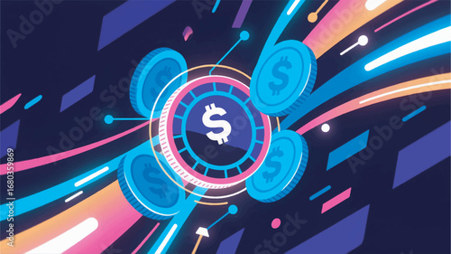 Illustration of Crypto Coin with Abstract Elements Design Template with Wave Background