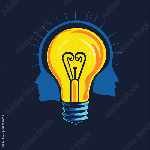 Glowing light bulb in the head. Idea Symbol. Vector illustration