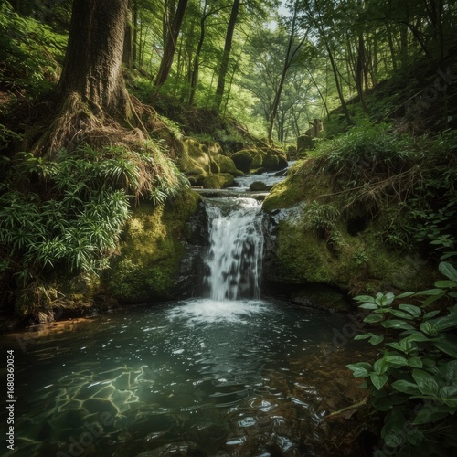 Serene waterfall cascading over mossy rocks