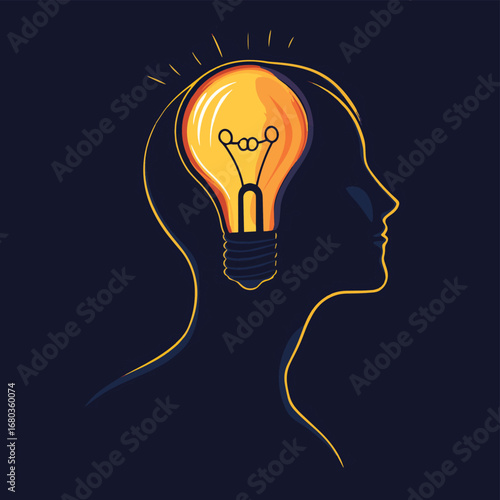 Glowing light bulb in the head. Idea Symbol. Vector illustration