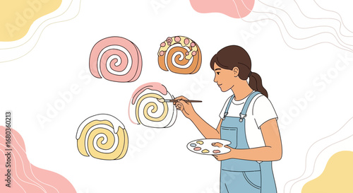 A woman painting artistic desserts in a whimsical, colorful illustration style