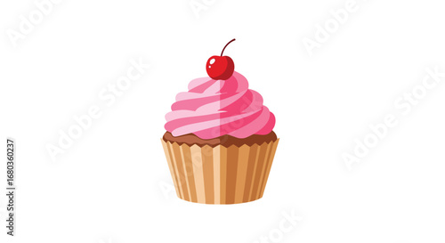 Delightful cupcake with swirling pink frosting and a vibrant cherry accent, a whimsical treat isolated against a white background