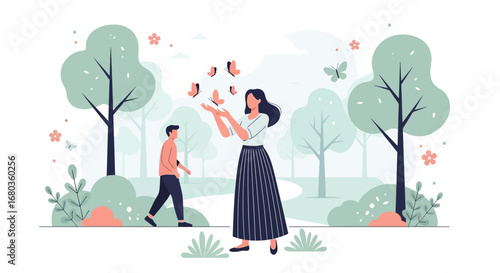 A Woman Releasing Butterflies In a Serene Park Setting With a Walking Man