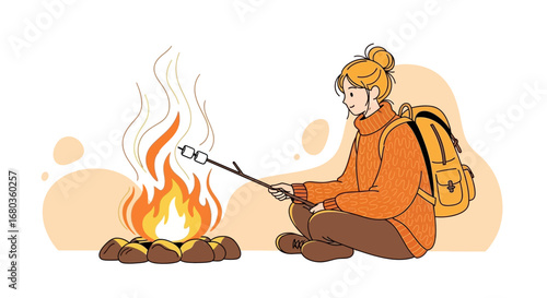A woman roasting marshmallows over a campfire during a camping adventure illustration