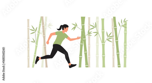 A Woman Running Among Bamboo Trees Depicting Movement And Escape From Nature