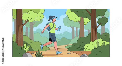 A woman running and hiking through the forest with a water bottle illustration