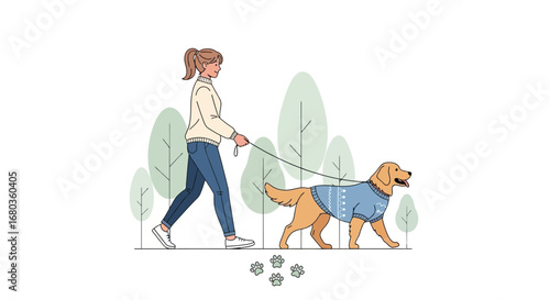 A woman walks a golden retriever dog in a stylized vector illustration with trees and paw prints