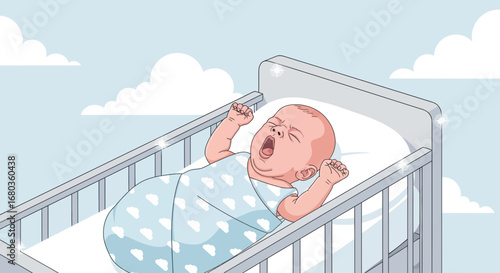 A Yawning Infant in a Crib with Cloud Background and Soft Color Palette