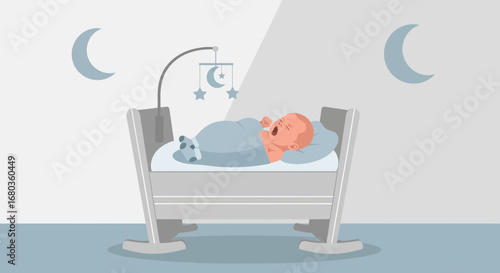 A Yawning Baby Asleep in a Crib Under the Stars and Moon in the Night