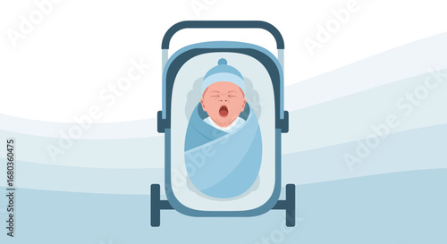 A Yawning Newborn Baby Swaddled in Blue Blanket Inside Stroller against a Simple Backdrop
