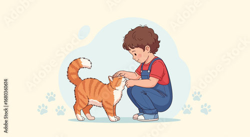 A Young Boy Bonding With Adorable Feline Pet Through Gentle Affectionate Interaction