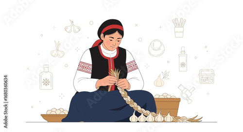 Traditional Braiding Of Garlic, Depicting Cultural Heritage And Culinary Practices