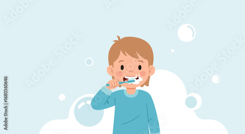 A young boy brushing his teeth showing oral hygiene and dental health