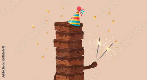 Towering Treats A Celebration Of Stacked Brownies With Sparklers And Party Hat