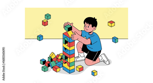 A young boy building a tower with colorful wooden blocks for educational fun