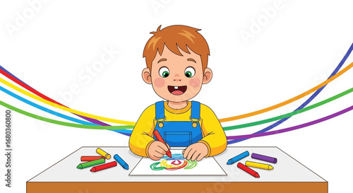 A young boy coloring with crayons at the table isolated on a white background