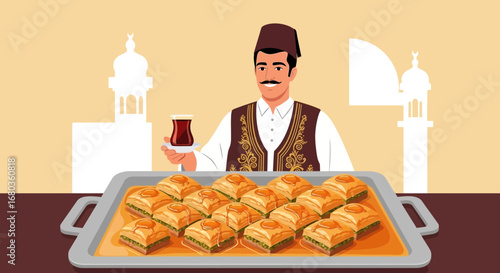 Traditional Turkish Treat Presentation With a Smiling Host and Delicious Pastries