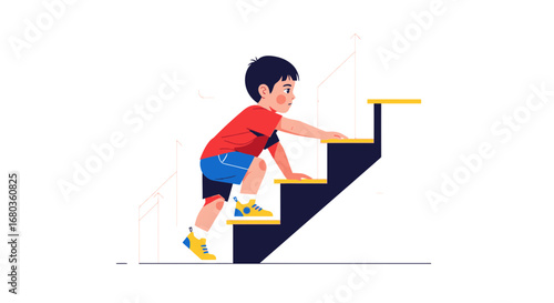 A young boy climbing stairs, illustrating growth, achievement, and determination with illustrations