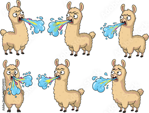 Funny cartoon llama spitting rainbow water, expressive animal character set, cute vector illustration, hilarious reaction pose for kids content