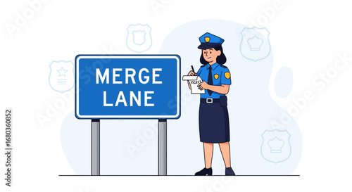 Traffic Officer Issuing a Ticket Near a Merge Lane Road Sign, Vector Illustration, Concept