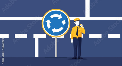 Traffic Policeman Standing Near Roundabout Sign Directing Circulation for Vehicles