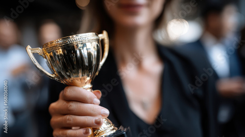 Woman holding golden trophy cup with blurred people background showing success and achievement