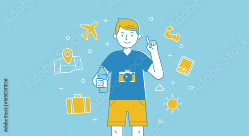Travel Adventure: A Smiling Tourist with Creative Ideas and Travel Essentials
