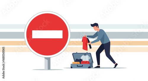 Travel Ban Concept with Forbidden Sign and Man Packing Suitcase Illustration
