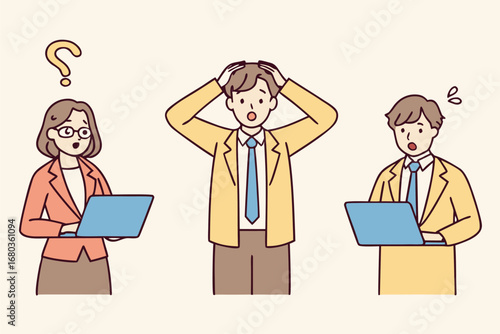 Vector art of three business people looking confused with laptops, one person holding their head in frustration