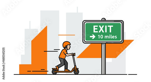 Traveler On Scooter With Exit Sign In Urban Landscape Reaching The Destination