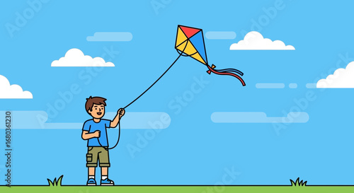 A young boy enjoys a sunny day, flying a colorful kite in the bright blue sky