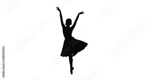 Elegant Silhouette of a Ballerina in Motion, Gracefully Dancing on Point, Against a Clean White Backdrop, Poised with Arms Raised