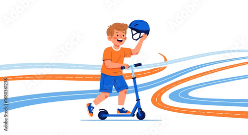 A young boy enjoys a scooter ride holding his helmet on a colorful background