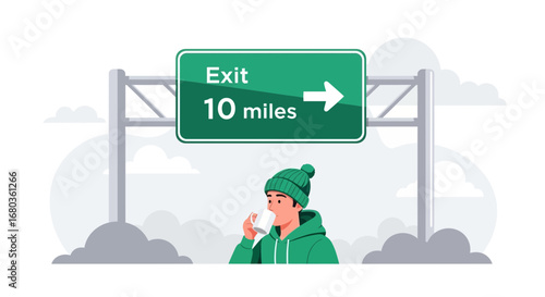 Traveler Relaxing Beside Highway Sign Indicating Exit Ten Miles Away And Drinking Coffee