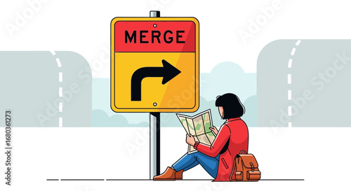 Traveler Studying Direction Sign, Seeking Guidance, Finding Route, Navigating A Road Trip Journey